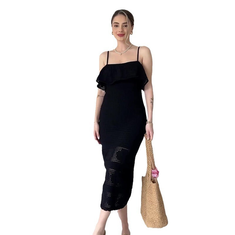Robe Midi Femme Bretelles Fines Détails Ajourés Polyester Cérémonie Mariage Soirée Formelle Chic – Céleste