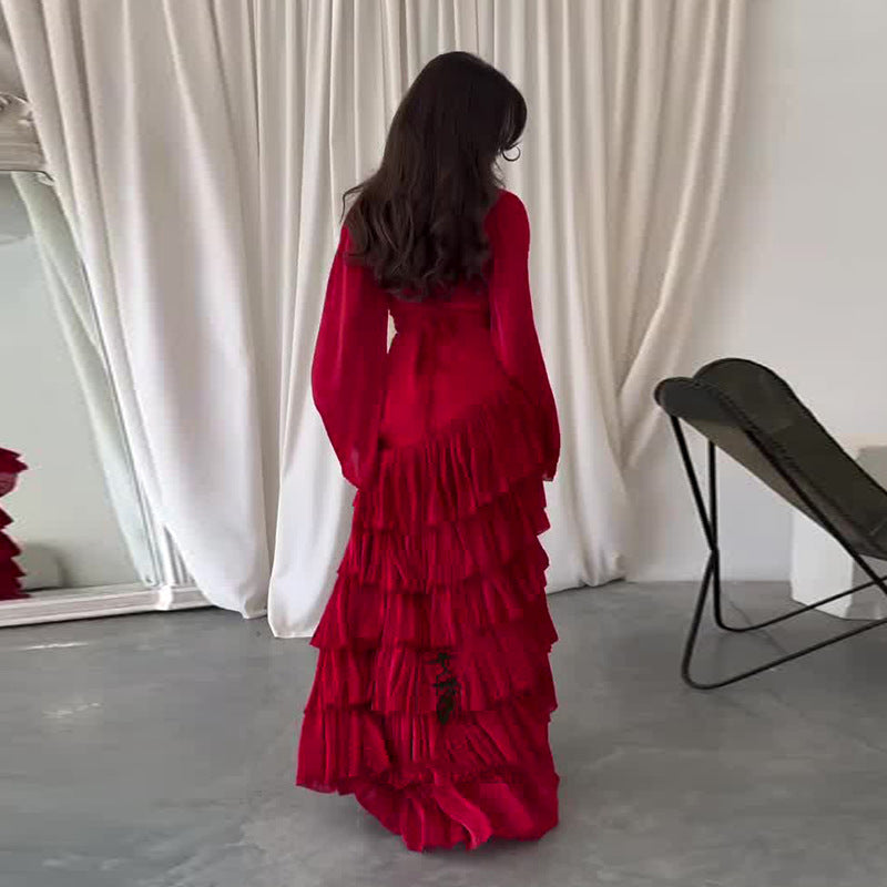 Robe Longue Élégante Femme Rouge Manches Longues Volants Ajustée Cérémonie Mariage Formelle Cocktail – Rosaline