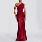 Robe Longue Col Asymétrique Diagonal Sans Manches Plissée Slim Mélange Polyester-Spandex Femme Élégante Soirée Mariage Formelle Gala Été – Diagonale