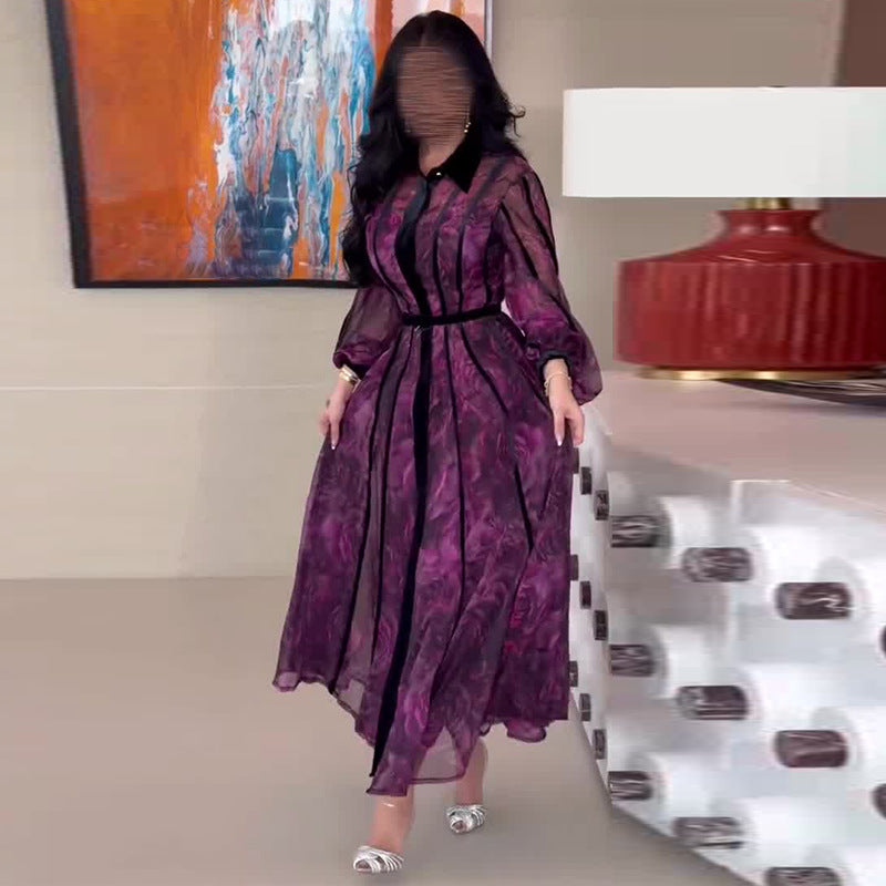 Robe Longue Femme Col Polo Manches Longues Ceinturée Imprimée Cérémonie Casual Chic – Violette