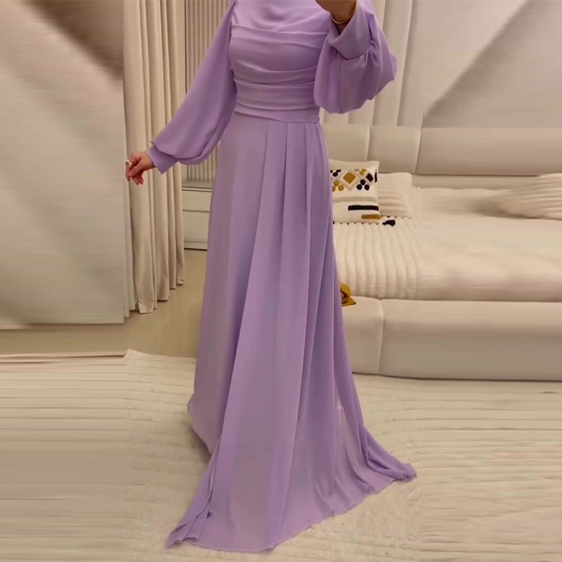 Robe Longue Manches Longues Cintrée Boutons Frontaux Polyester-Spandex Femme Élégante Modeste Formelle Mariage Quotidien – Yasmine