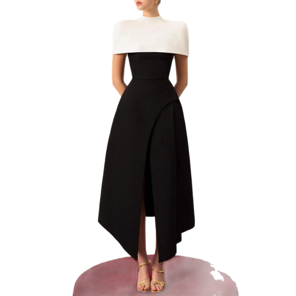 Robe Midi Femme Bretelles Fines Taille Cintrée Fente Asymétrique Polyester Soirée Cocktail Mariage Formelle Gala – Noirève