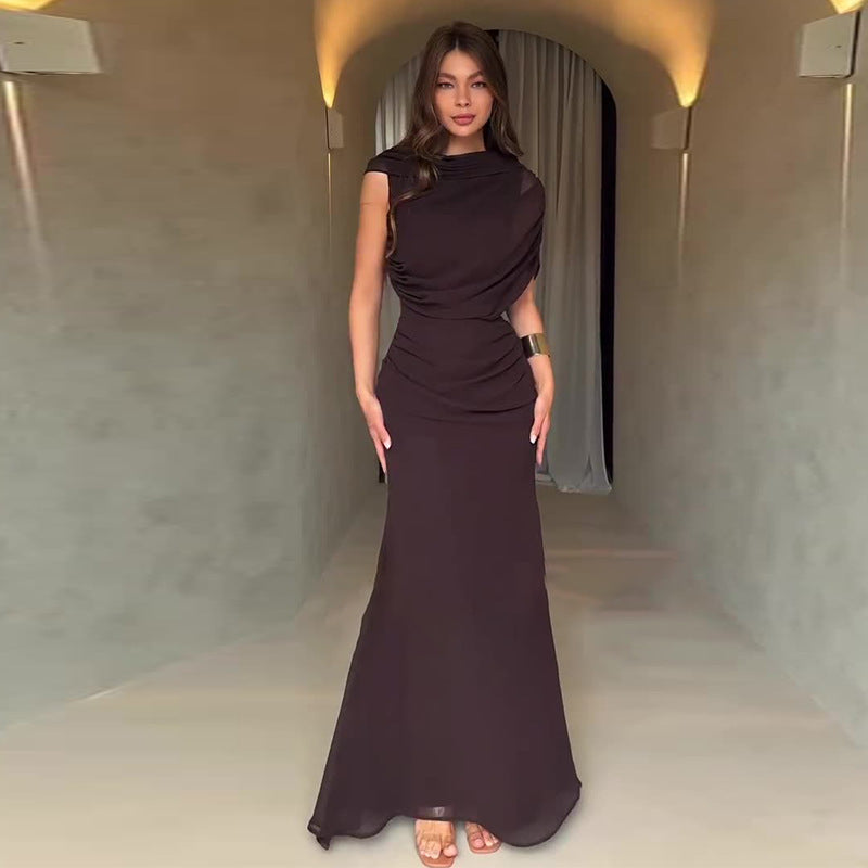 Robe Longue Plissée Sans Manches Col Rond Slim Polyester Femme Élégante Soirée Mariage Cocktail Formelle – Ambre