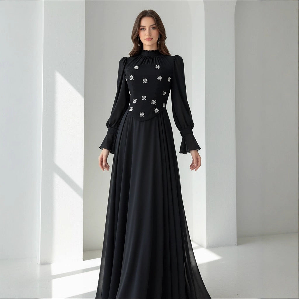 Lange jurk met diamantmotief, lange mouwen, ronde hals, A-lijn, polyester, elegante en bescheiden damesjurk voor formele bruiloft, gala, winter – Diamantine
