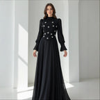 Lange jurk met diamantmotief, lange mouwen, ronde hals, A-lijn, polyester, elegante en bescheiden damesjurk voor formele bruiloft, gala, winter – Diamantine