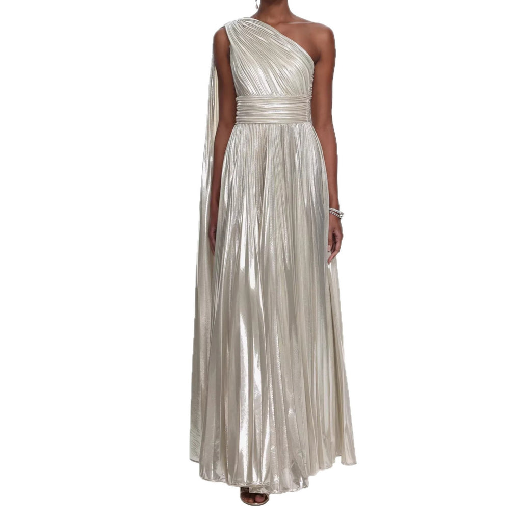 Abito lungo donna con una spalla scoperta metallizzato brillante in poliestere per gala formale, matrimonio, cocktail, red carpet – Argento