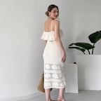 Robe Midi Femme Bretelles Fines Détails Ajourés Polyester Cérémonie Mariage Soirée Formelle Chic – Céleste