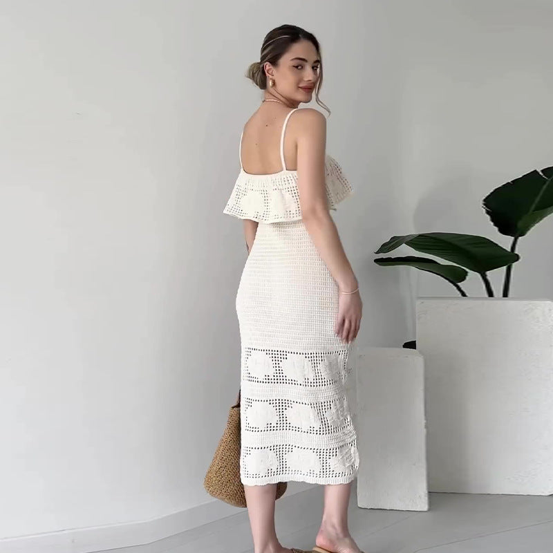 Robe Midi Femme Bretelles Fines Détails Ajourés Polyester Cérémonie Mariage Soirée Formelle Chic – Céleste