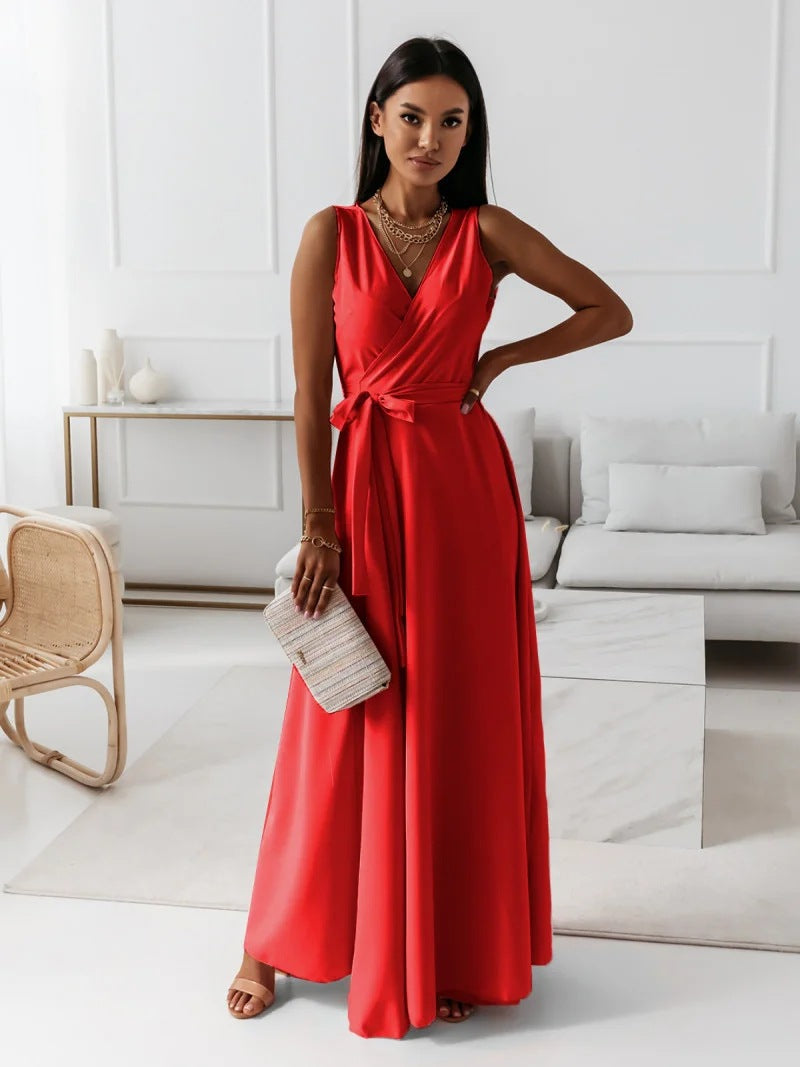 Robe Longue de Mariage pour Femme Élégante avec Corsage Enveloppant Silhouette Fluide Gown de Cérémonie Formelle