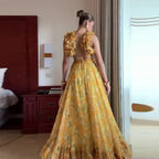 Vestido Largo Floral Volantes Escote en V Pliegues Pinzados Sin Mangas Poliéster Mujer Elegante Boda Jardín Noche Verano – Soleil d'Or