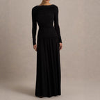 Robe Longue Plissée Manches Longues Cintrée Taille Polyester-Ammoniaque Femme Élégante Soirée Mariage Cocktail Formelle – Rubis