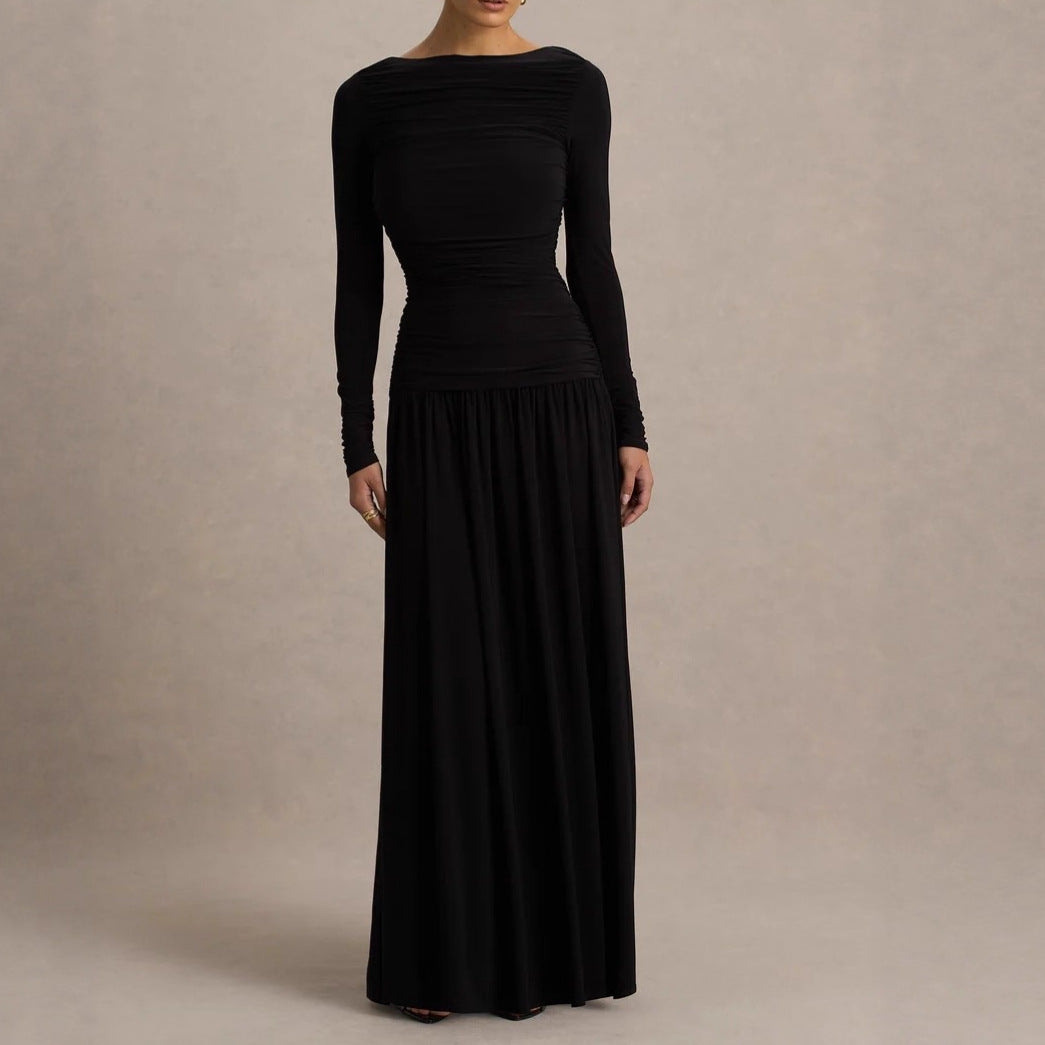Robe Longue Plissée Manches Longues Cintrée Taille Polyester-Ammoniaque Femme Élégante Soirée Mariage Cocktail Formelle – Rubis