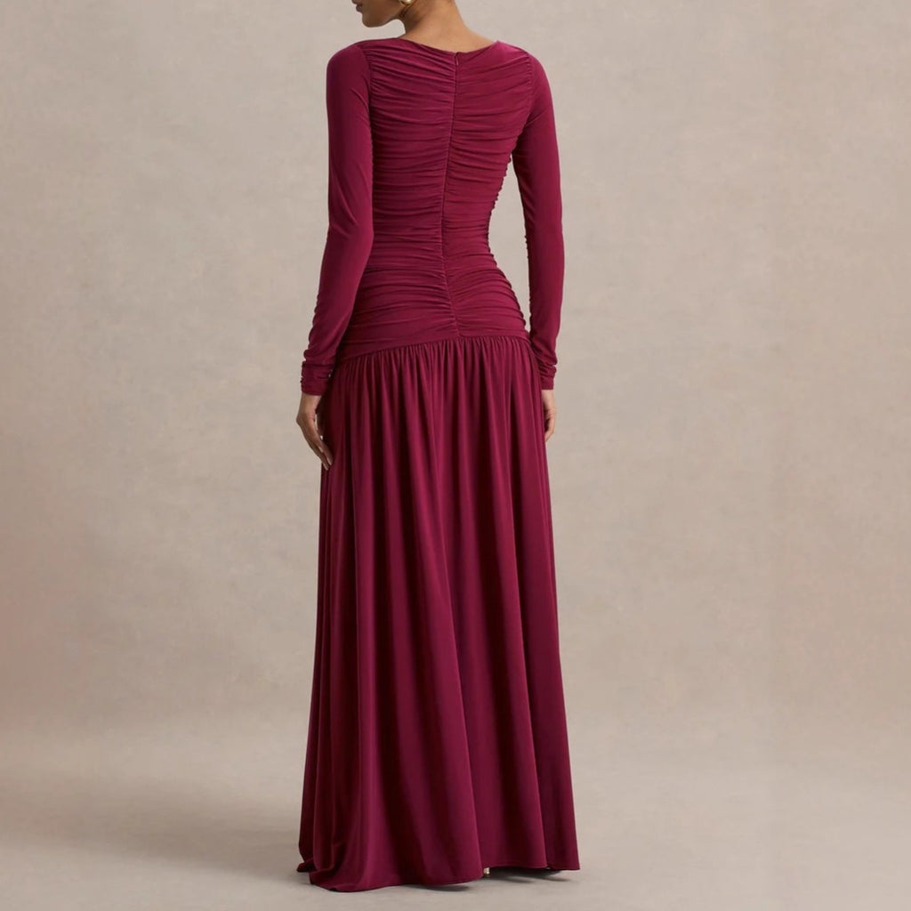 Robe Longue Plissée Manches Longues Cintrée Taille Polyester-Ammoniaque Femme Élégante Soirée Mariage Cocktail Formelle – Rubis