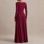 Robe Longue Plissée Manches Longues Cintrée Taille Polyester-Ammoniaque Femme Élégante Soirée Mariage Cocktail Formelle – Rubis
