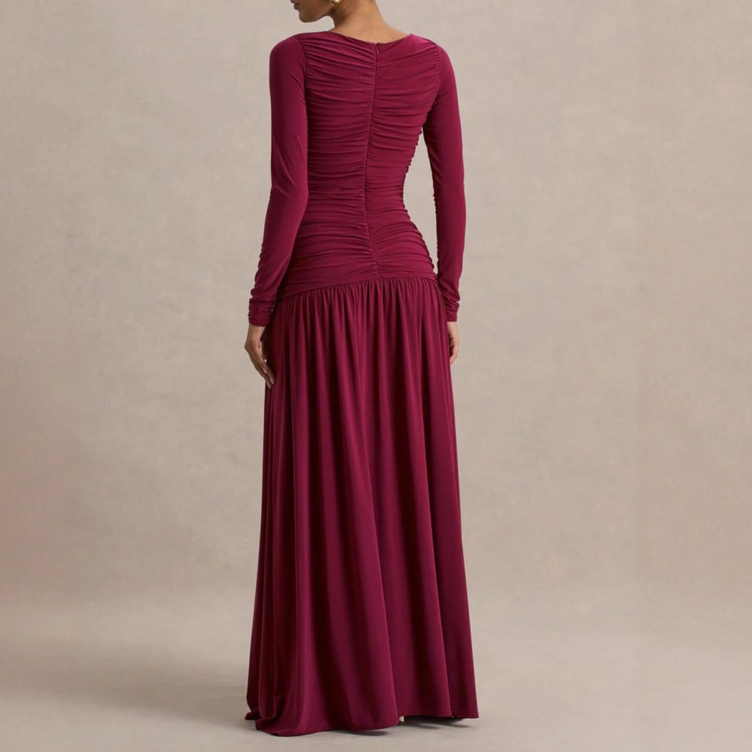 Robe Longue Plissée Manches Longues Cintrée Taille Polyester-Ammoniaque Femme Élégante Soirée Mariage Cocktail Formelle – Rubis