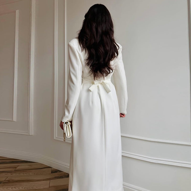 Robe Longue Femme Col V Manches Longues Dentelle Bouton Unique Polyester Cérémonie Mariage FormelleTravail – Éléonore