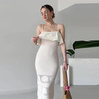 Robe Midi Femme Bretelles Fines Détails Ajourés Polyester Cérémonie Mariage Soirée Formelle Chic – Céleste