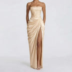 Robe Longue Femme Bustier Sans Bretelles Plissée Fente Latérale Polyester Mariage Soirée Gala Formelle Cocktail – Séraphine