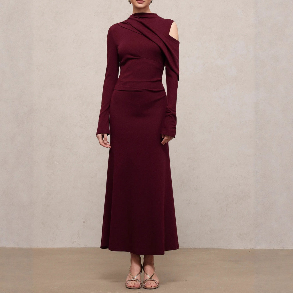 Vestido largo asimétrico con hombro descubierto, manga larga, poliéster, mujer, entallado, elegante, para noche, boda, cóctel, formal – Burdeos