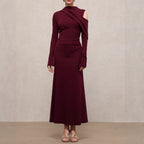 Vestido largo asimétrico con hombro descubierto, manga larga, poliéster, mujer, entallado, elegante, para noche, boda, cóctel, formal – Burdeos