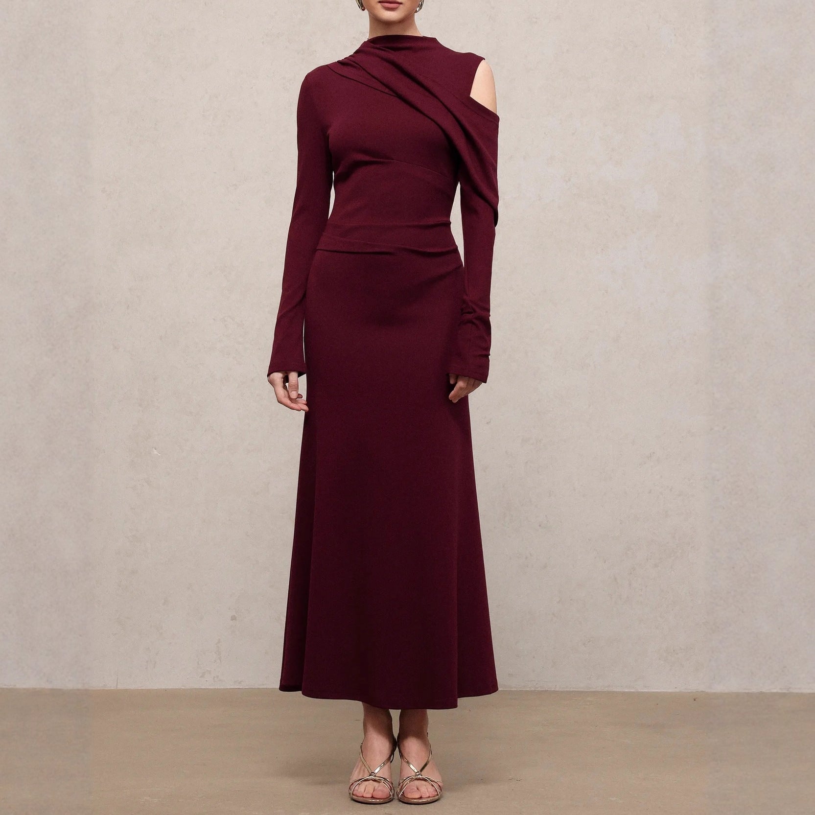 Lange asymmetrische jurk met blote schouder, lange mouw, polyester, getailleerd, elegante damesjurk voor avond, bruiloft, cocktail, formeel – Bordeaux