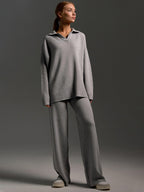Completo Due Pezzi Donna Maglione Polo Elegante Pantalone Largo Morbido Traspirante Casual Chic Relax Lavoro Quotidiano Weekend – Polinae