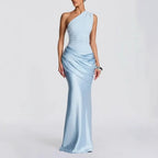 Robe Longue Col Asymétrique Diagonal Sans Manches Plissée Slim Mélange Polyester-Spandex Femme Élégante Soirée Mariage Formelle Gala Été – Diagonale