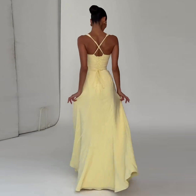Robe Longue Bretelles Cintrée Taille Mélange Polyester-Spandex Femme Élégante Mariage Formelle Bal Cérémonie Été – Mirabelle