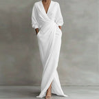 Robe Longue Décolleté en V Drapée Manches Longues Polyester-Spandex Femme Élégante Soirée Mariage Cocktail Formelle – Dahlia