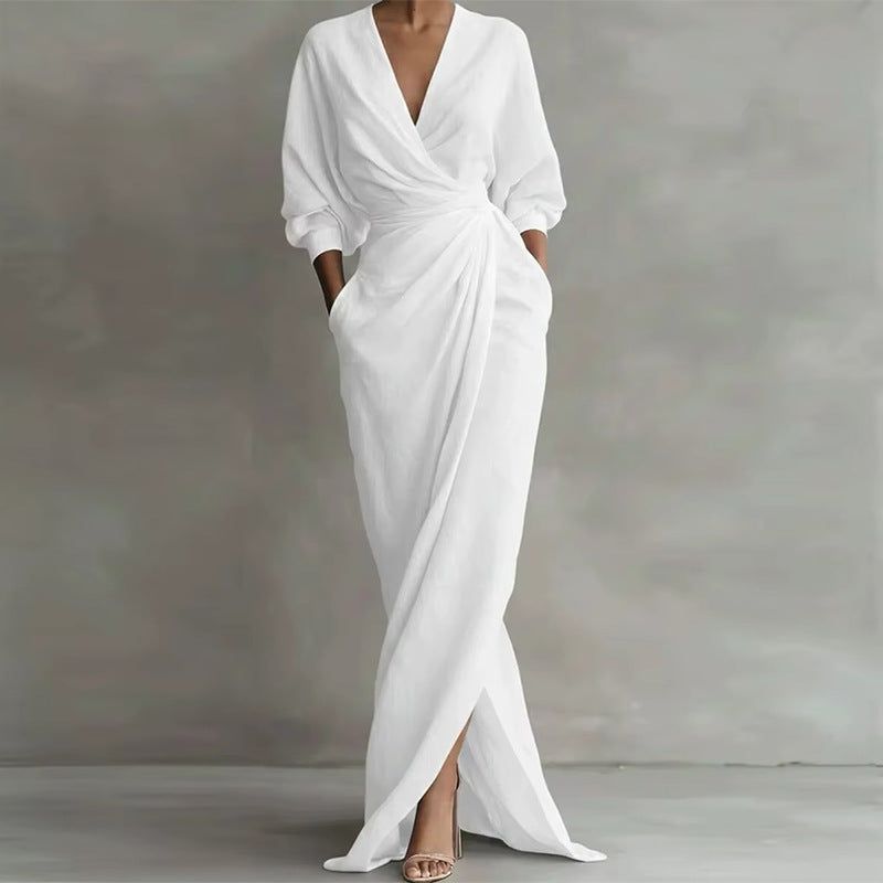 Robe Longue Décontractée Femme Col V Manches Trois-Quarts Drapée Fente Cérémonie Mariage Formelle – Saorise