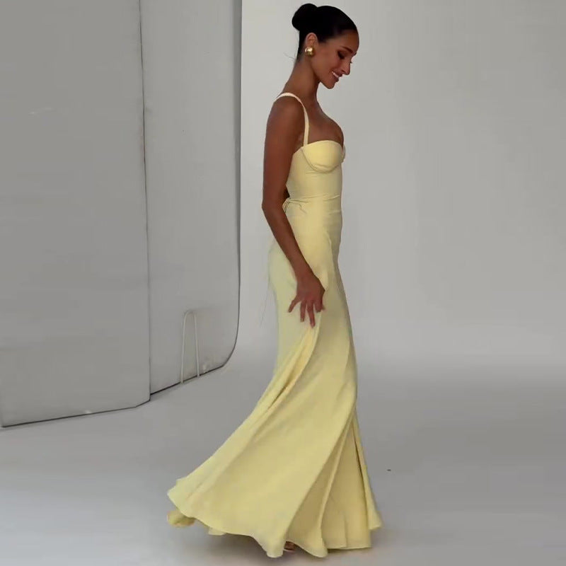 Robe Longue Bretelles Cintrée Taille Mélange Polyester-Spandex Femme Élégante Mariage Formelle Bal Cérémonie Été – Mirabelle
