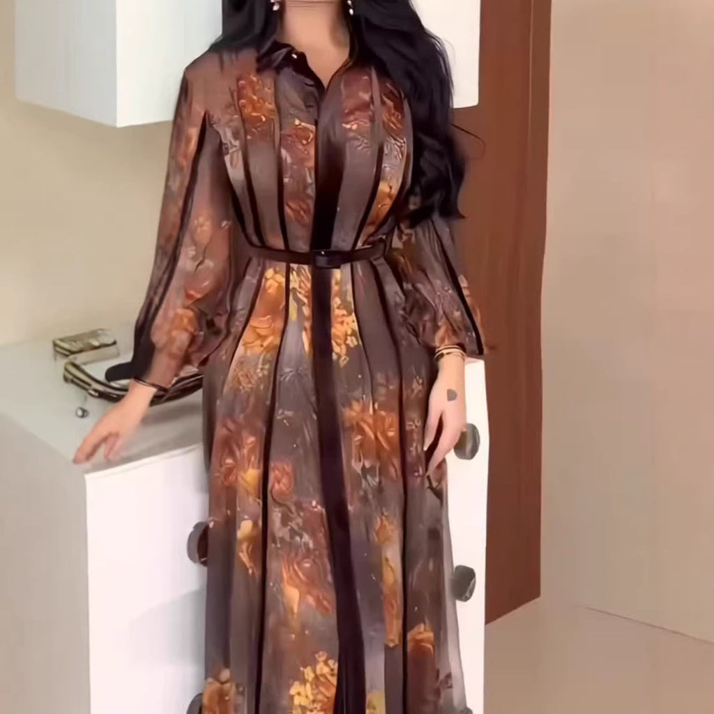 Robe Longue Femme Col Polo Manches Longues Ceinturée Imprimée Cérémonie Casual Chic – Violette