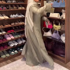 Abito Lungo Plissettato Maniche Lunghe Scollo Rotondo Vita Medio-Alta Poliestere Donna Aderente Elegante Matrimonio Formale Spostamenti Estate – Sauge Douce