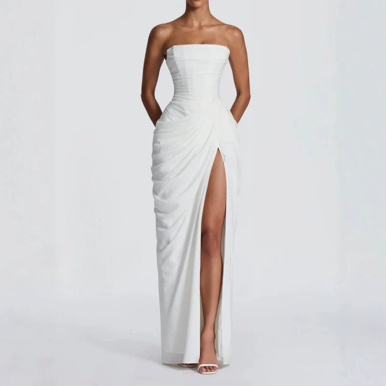 Robe Longue Femme Bustier Sans Bretelles Plissée Fente Latérale Polyester Mariage Soirée Gala Formelle Cocktail – Séraphine