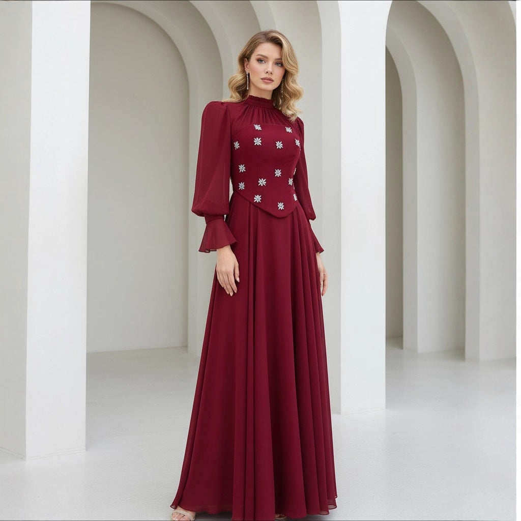 Lange jurk met diamantmotief, lange mouwen, ronde hals, A-lijn, polyester, elegante en bescheiden damesjurk voor formele bruiloft, gala, winter – Diamantine