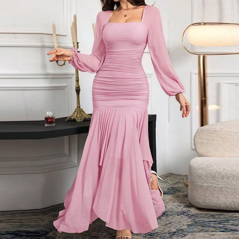 Abito Lungo Scollo Quadrato Maniche Lunghe Plissettate Taglio Aderente Poliestere Donna Elegante Matrimonio Serata Cocktail Formale – Rubans