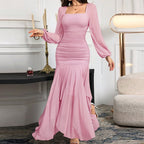 Abito Lungo Scollo Quadrato Maniche Lunghe Plissettate Taglio Aderente Poliestere Donna Elegante Matrimonio Serata Cocktail Formale – Rubans