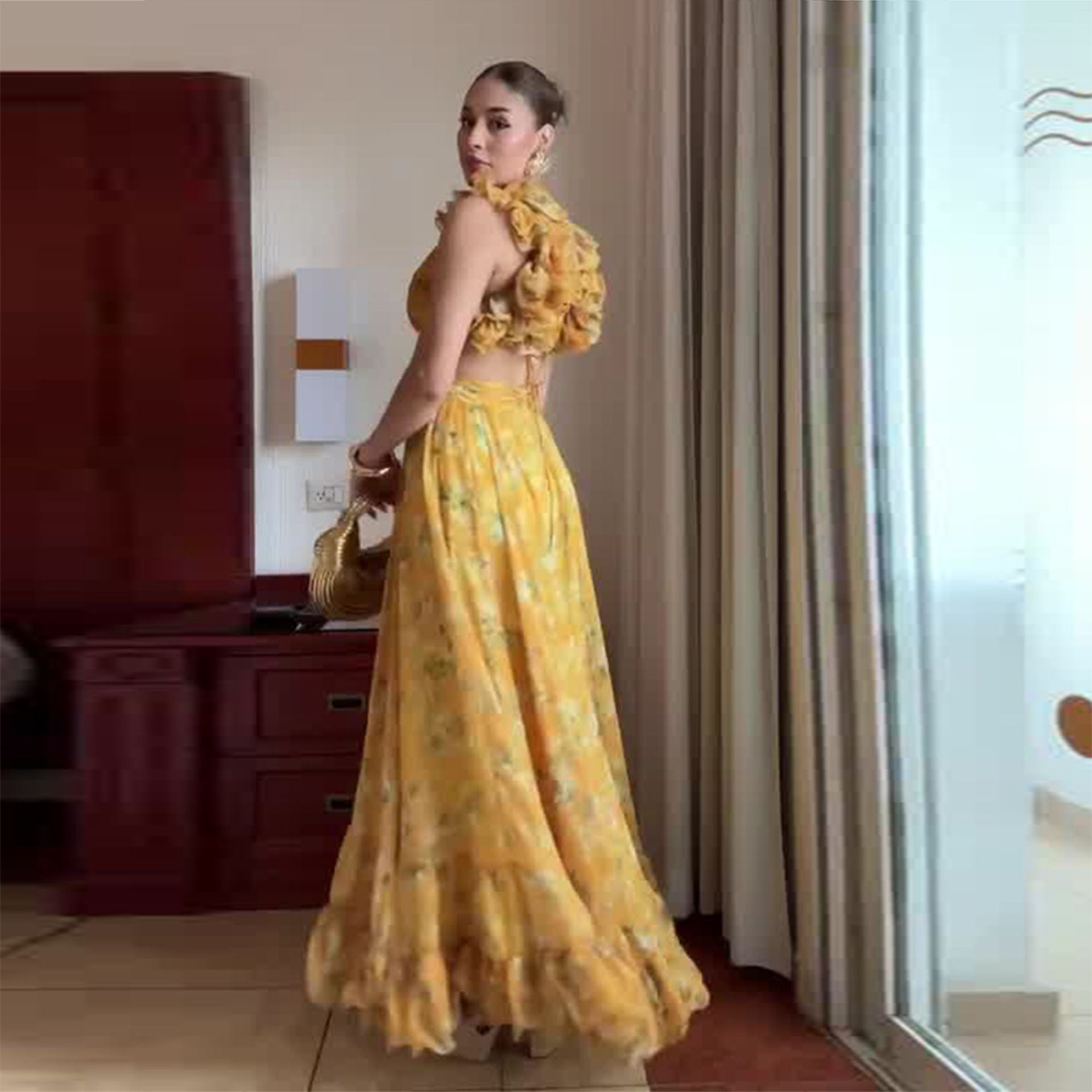 Vestido Largo Floral Volantes Escote en V Pliegues Pinzados Sin Mangas Poliéster Mujer Elegante Boda Jardín Noche Verano – Soleil d'Or