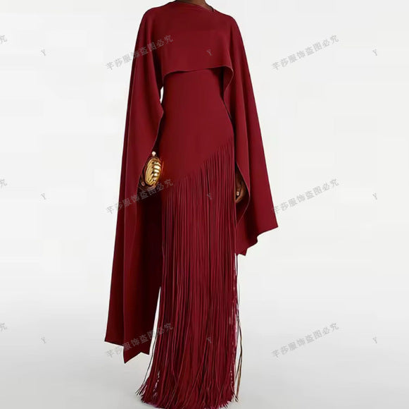 Robe Longue Plissée Frangée Couleur Unie Polyester Femme Élégante Soirée Mariage Cocktail Formelle Gala Automne – Dorée Plissée