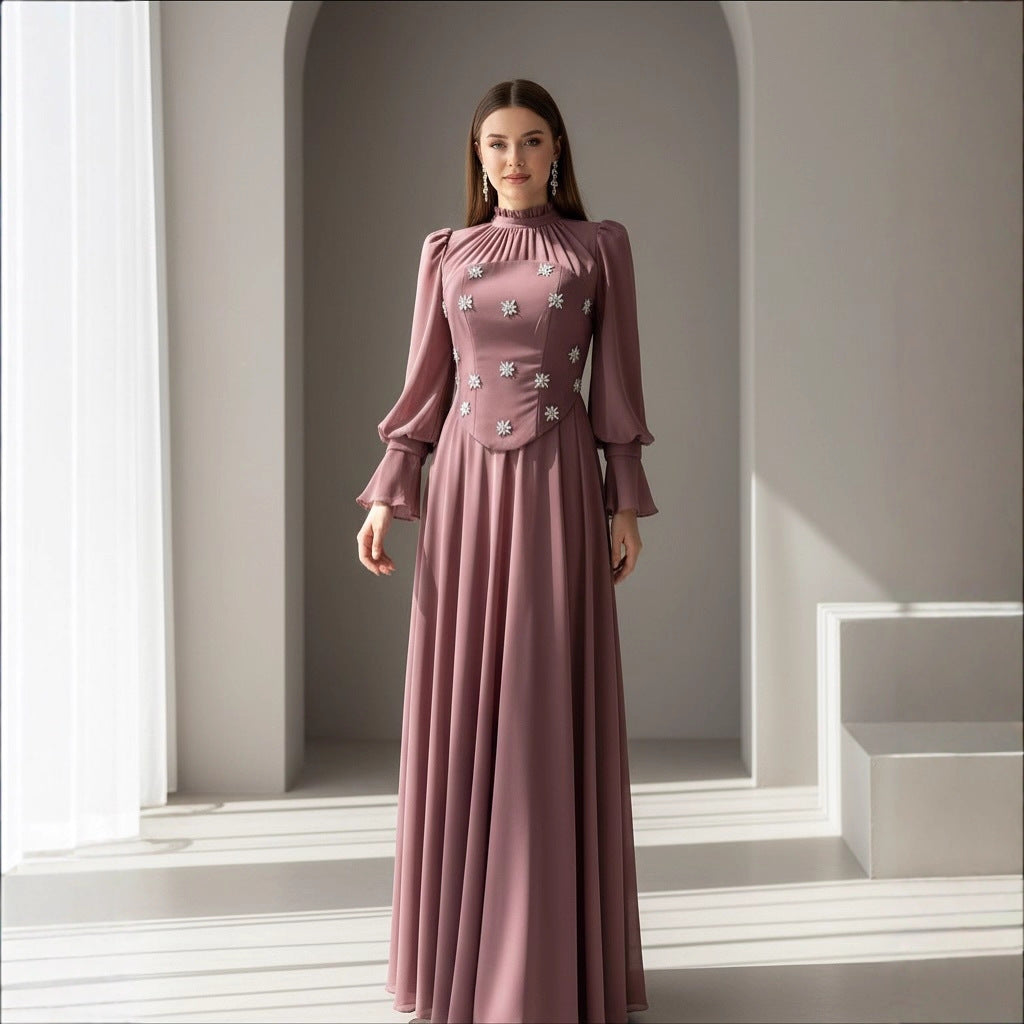 Vestido largo diamante mangas largas cuello redondo línea A poliéster mujer elegante modesta boda formal gala invierno – Diamantine