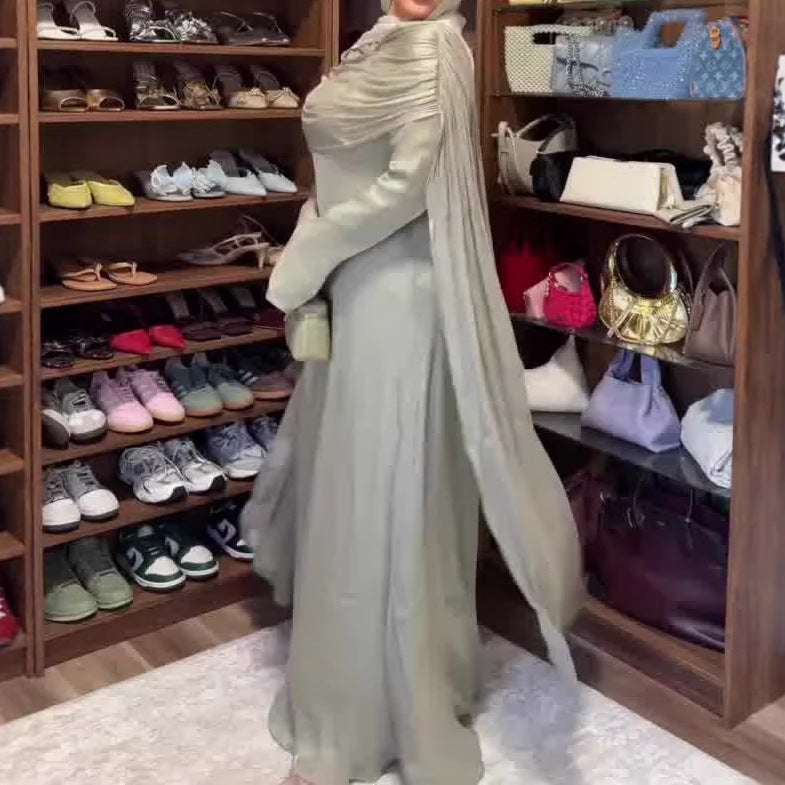 Abito Lungo Plissettato Maniche Lunghe Scollo Rotondo Vita Medio-Alta Poliestere Donna Aderente Elegante Matrimonio Formale Spostamenti Estate – Sauge Douce