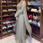 Abito Lungo Plissettato Maniche Lunghe Scollo Rotondo Vita Medio-Alta Poliestere Donna Aderente Elegante Matrimonio Formale Spostamenti Estate – Sauge Douce