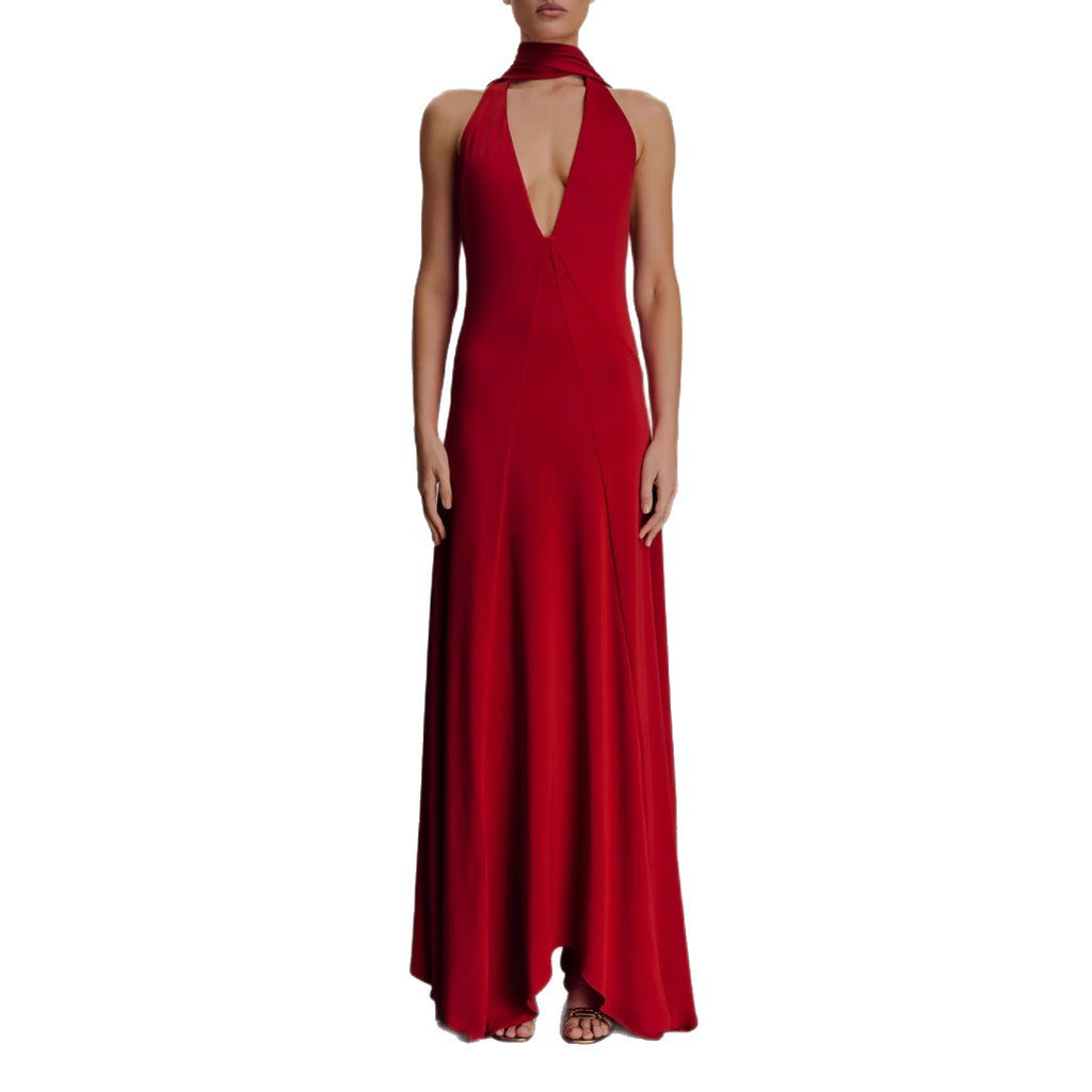 Vestido largo espalda descubierta halter cuello en V sin mangas poliéster mujer glamour noche boda formal cóctel gala – Scarlett