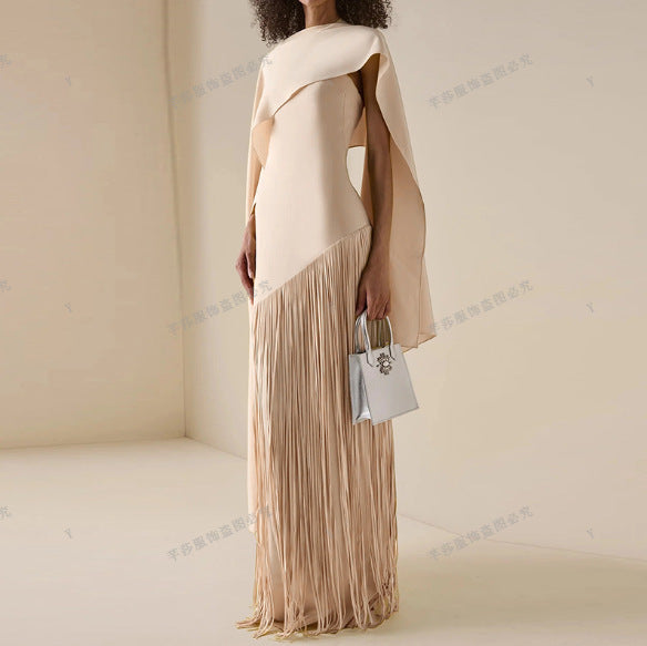 Robe Longue Plissée Frangée Couleur Unie Polyester Femme Élégante Soirée Mariage Cocktail Formelle Gala Automne – Dorée Plissée