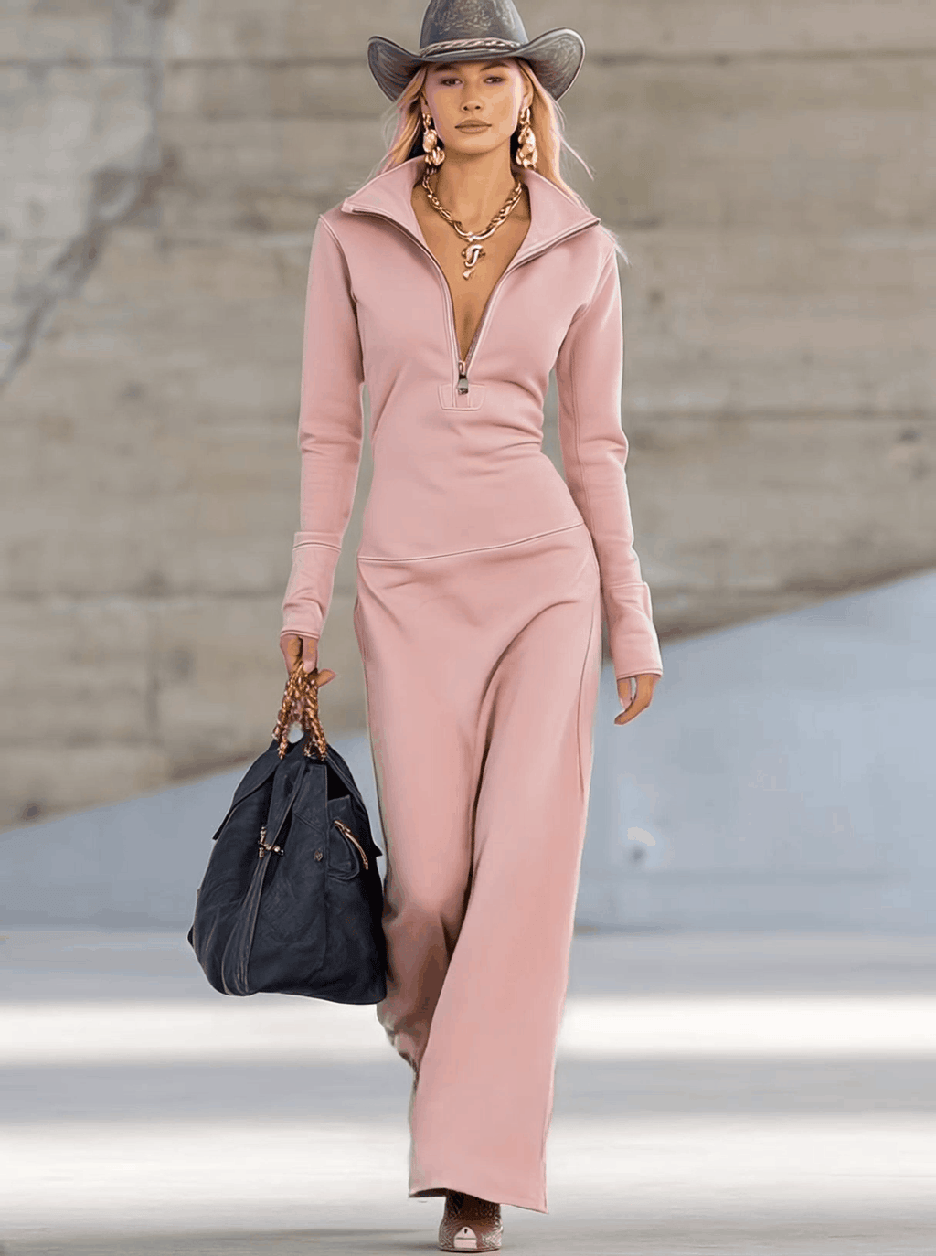 Robe Longue Sportive à Col V Avec Fermeture Éclair Pour Femme à Manches Longues Ajustée Décontractée Formelle de Fête Cowgirl Soirée Élégante