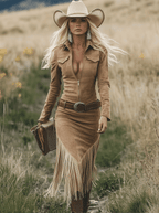 Robe Midi à Franges en Suède Rétro Western pour Femmes, Manches Longues, Col à Revers, Fermeture Éclair, Ceinturée, Silhouette Élancée, Fête Cowgirl, Festival – Tan