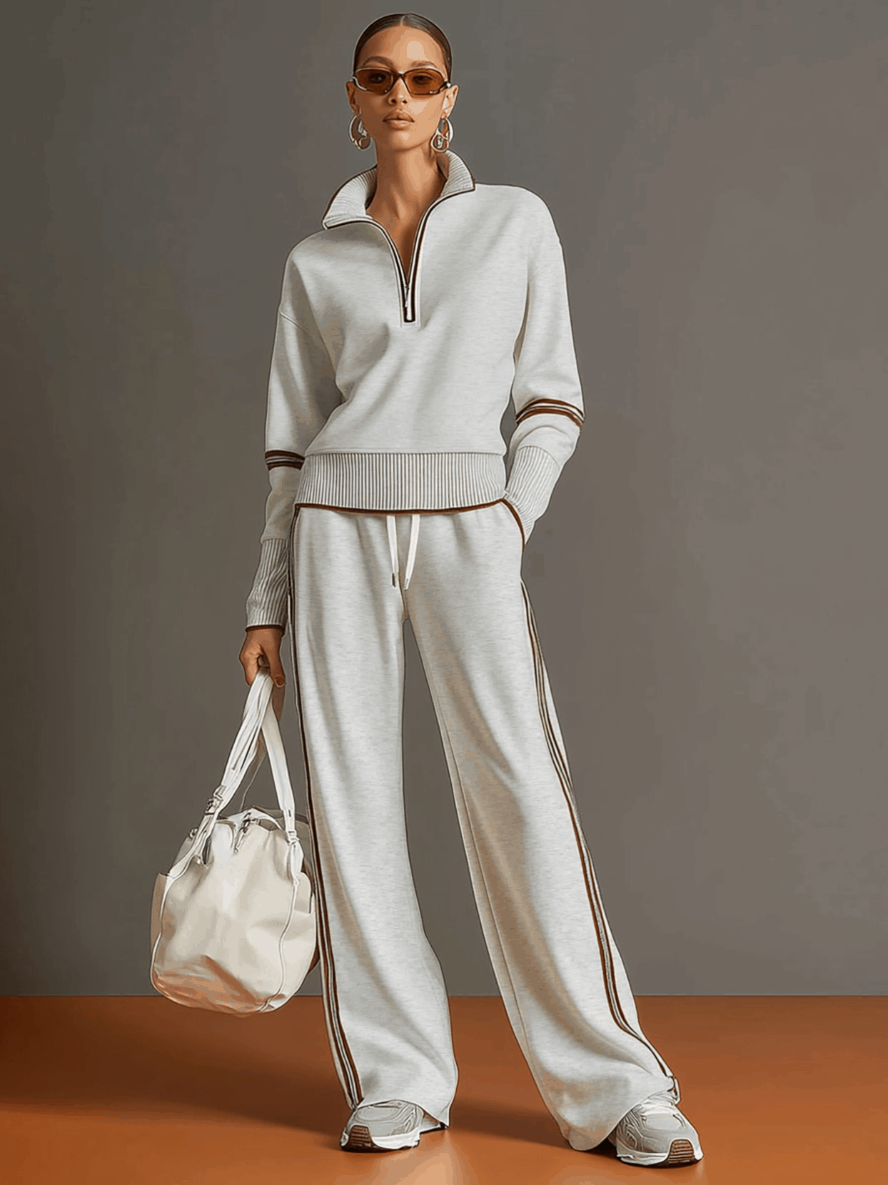 Ensemble Sportif Rétro Femme en Deux Pièces Sweat-Shirt à Demi-Zip Pantalons à Jambes Larges à Rayures – Gris Blanc