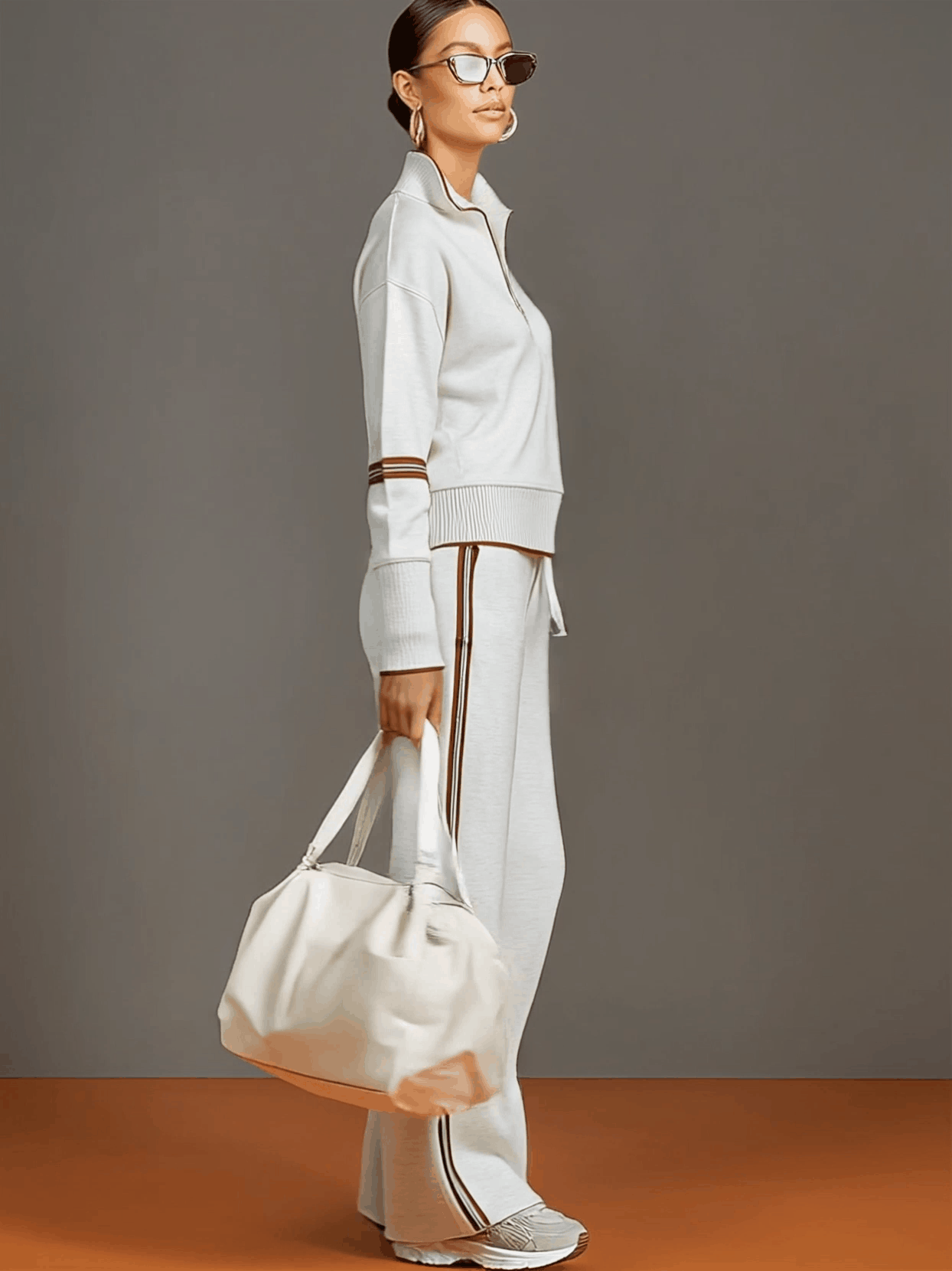 Ensemble Sportif Rétro Femme en Deux Pièces Sweat-Shirt à Demi-Zip Pantalons à Jambes Larges à Rayures – Gris Blanc