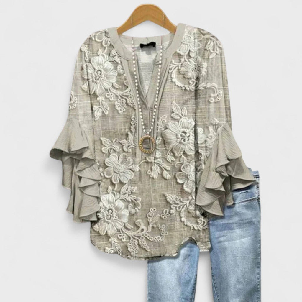 Blusa leggera con stampa floreale da donna con volant e maniche a campana, scollo a V, elegante e casual – Kay