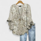 Blusa leggera con stampa floreale da donna con volant e maniche a campana, scollo a V, elegante e casual – Kay
